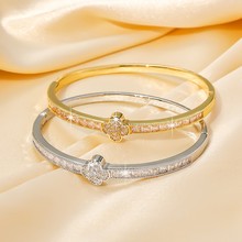 欧美高级感轻奢锆石四叶草手镯婚礼晚宴派对时尚手饰镀金色开口