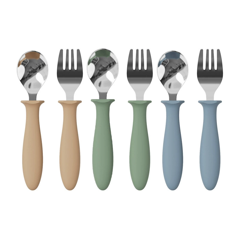 Детская ложка Детская пищевая ложка Посуда научится есть тренировочная ложка из нержавеющей стали детская ложка силиконовая ручка вилка