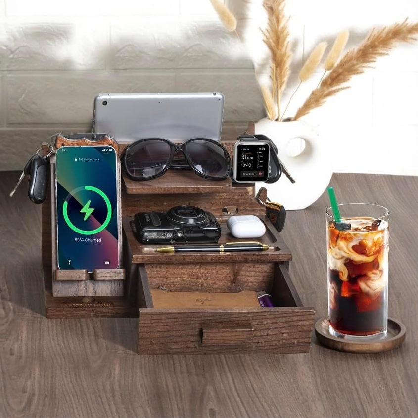 Solid Wood Mobile Phone with Drawer Home Living Room Desktop Key Glasses Storage Rack Bedroom Bedside Table Mobile Phone Holder