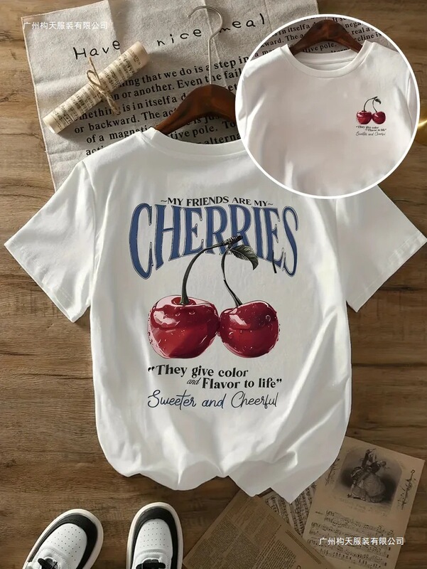 Cross-Border European Size Summer Sweet Cherry Print T-Shirt Women's Summer Basic O-Neck Short-Sleeve Casual Top