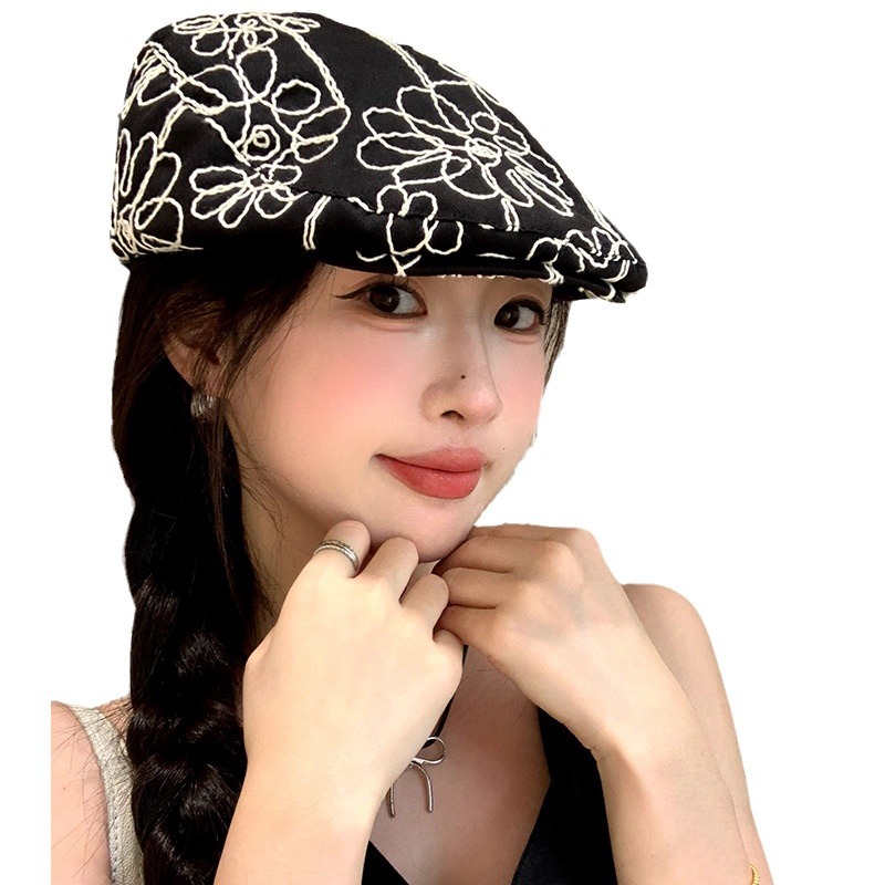 Flor retro coreana bordado sombrero de avance mujer verano versátil nicho diseño boina cara pequeño sombrero pintor
