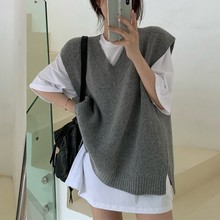 韩国ins宽松百搭复古v领慵懒小众两侧开叉毛衣马甲女