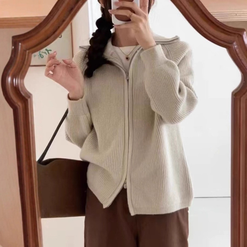 South Korea's Dongdaemun Egg Stall Store Retail Double Zipper Lapel Jacket Thick Knitted Sweater Outer Wear