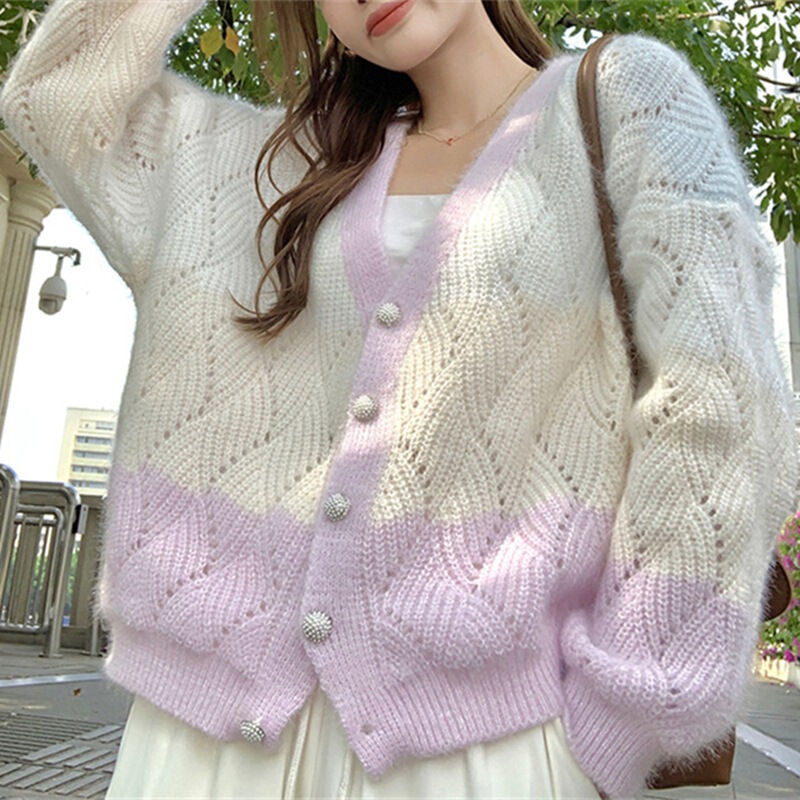 Korean Style Rainbow Stripesd Color Matching Knitted Cardigan Autumn and Winter New Cut Out V Neck Loose Sweet Top Sweater Jacket