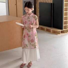 女童夏季旗袍裙套装2026新款洋气夏女孩短袖国风汉服阔腿裤两件套