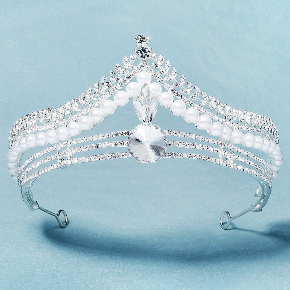 European And American Luxury Rhinestone Alloy Crown Tiara Wedding Bridal Jewelry Children's Birthday Cake Decoration Pearl Crown