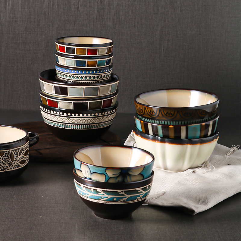 Japanese and Korean tableware kiln-glazed hand-painted ceramic bowls creative restaurant instant noodle bowl underglaze color salad bowl soup bowl rice bowl