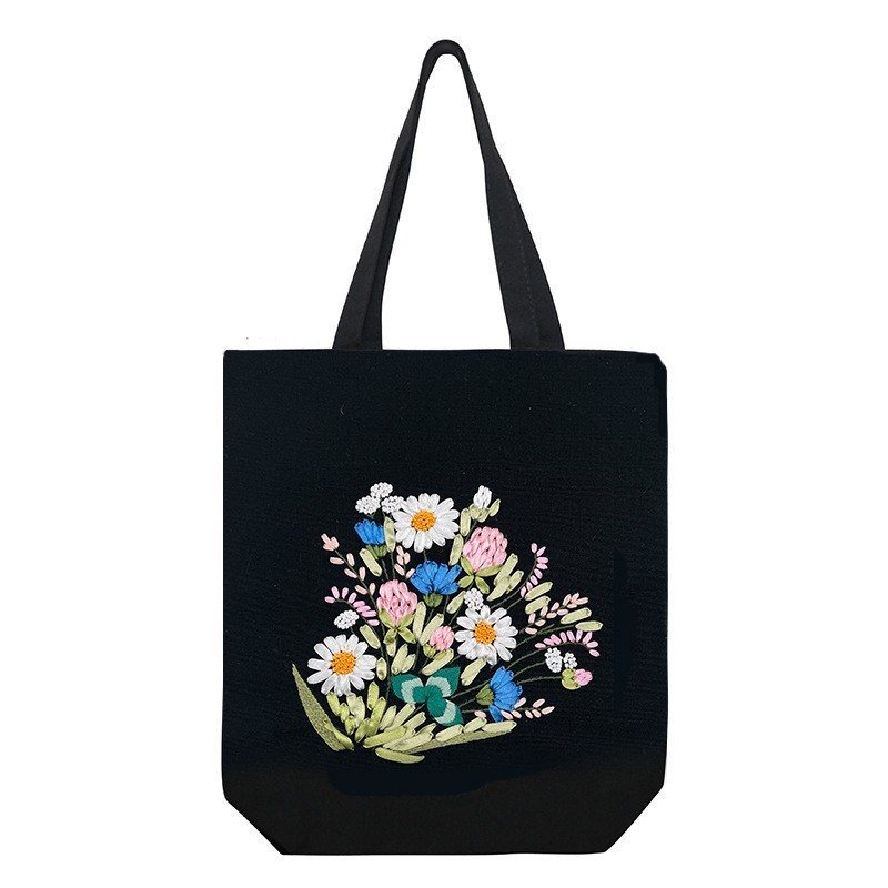 Hecho a mano DIY cinta bordada bolsa de lona Lu bordado solo hombro bolso tridimensional bordado flor lienzo mujer bolsa grande