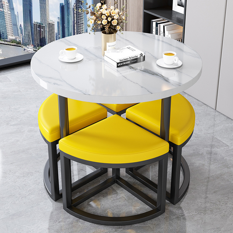Taburete amarillo + mesa de mármol