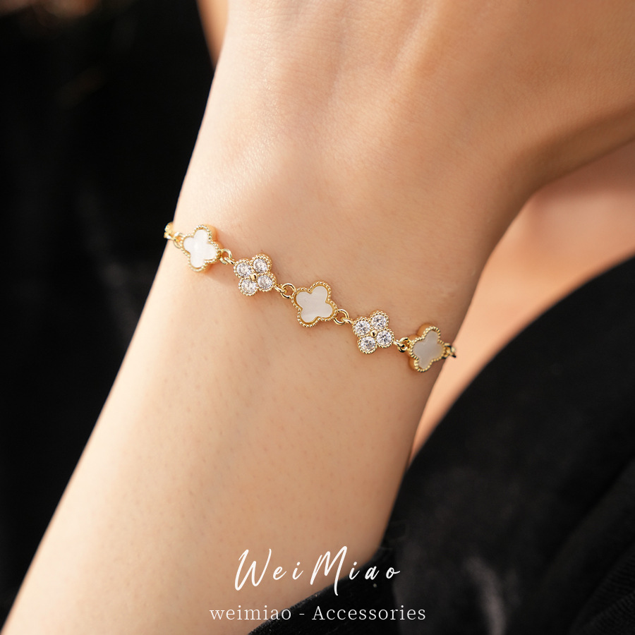 14 quilates de oro verdadero electronite de piedra de hierba de la suerte pulsera de flores ligera pulsera de nicho de lujo sensación de alto nivel simple joyería versátil image 5