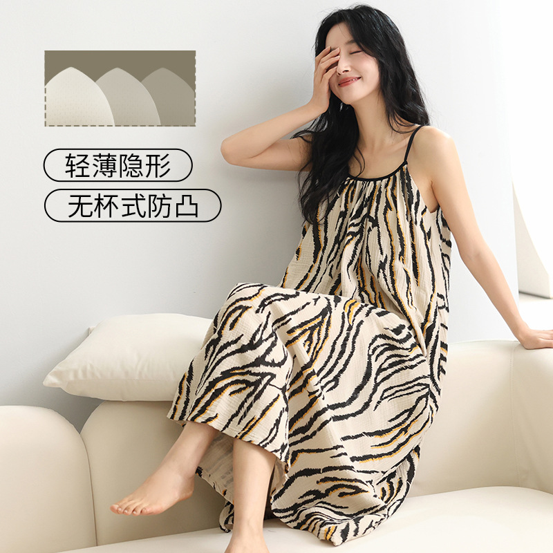 Pijama de algodón para mujeres cojín de pecho sexy pijama de suspensión 2025 nuevo vestido casual medio largo ropa para el hogar