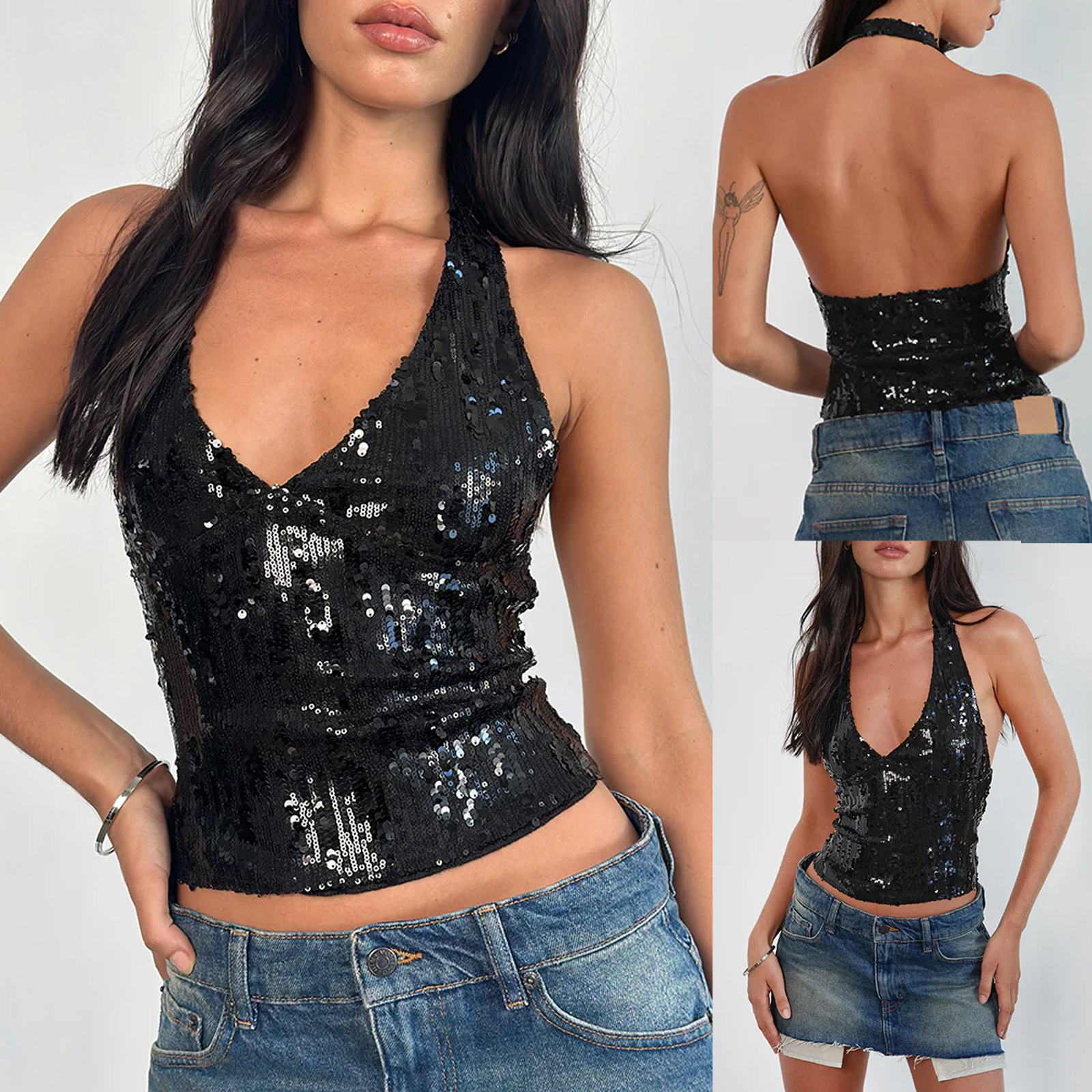 亚马逊速卖通外贸爆款欧美性感女士亮片夏季轻熟性感V领女装背心