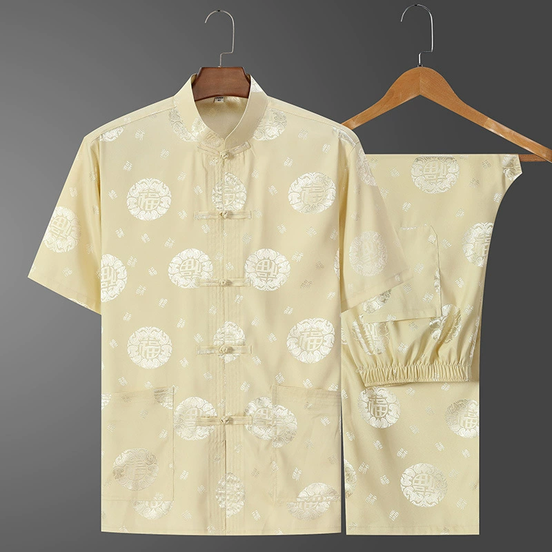 Summer silk set for elderly, for middle age, Chinese style, with short sleeve