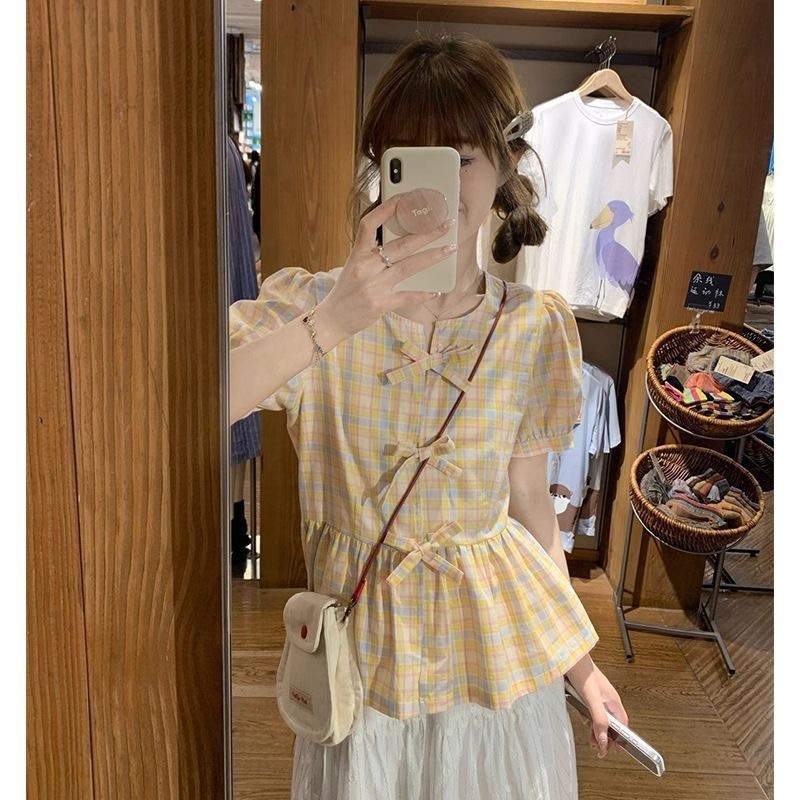2025 新しい夏のラウンドネックリボントップデザインニッチユニークでシックな女性のカジュアルシンプルな半袖|undefined