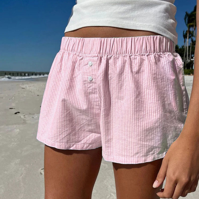 European and American Holiday Style Simple Blue Striped Beach Shorts Women's Loose Loose Loose Waist Sports Home Woven Casual Pants