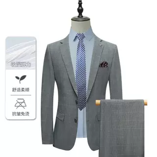 男西服套装常规灰色格纹双开叉时尚优雅简约结婚伴郎礼服工装春季