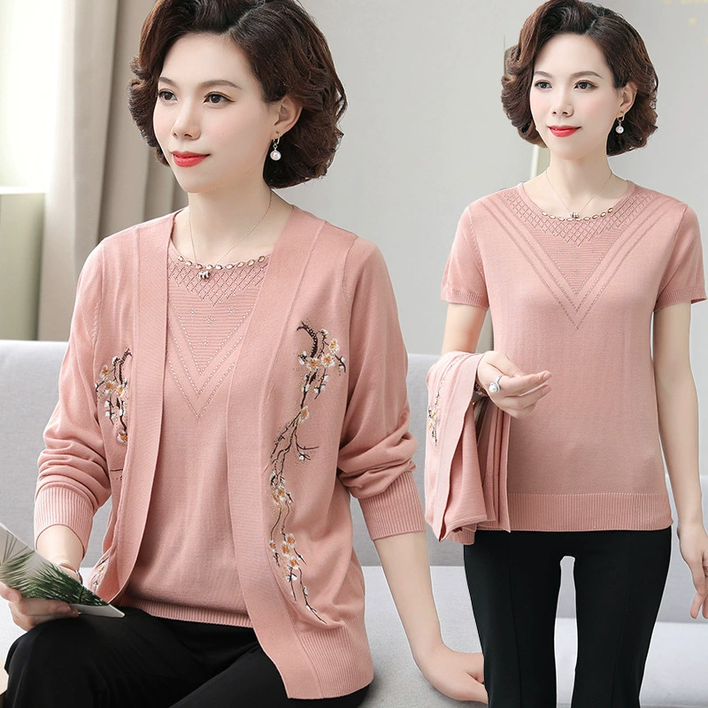 Одежда для мам среднего возраста весна и осень 2024, новая женская одежда среднего и пожилого возраста, костюм, топ, Весенняя футболка с длинным рукавом, короткая