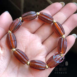 纯手工老琉璃珠子深茶晶色枣核长莲子瓜棱珠12*18mm散珠配珠手链