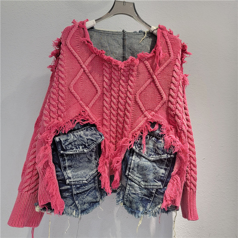 Moda cool estilo estilo extranjero tejido de costura jeans cuello redondo manga larga suéter corto para mujeres otoño / invierno 2025 image 11