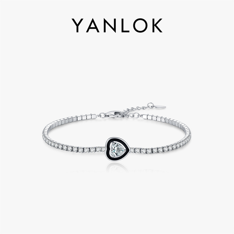 Yanlok S925 Silver Black Enamel Heart-Shaped Sparkling Diamond Tennis Bracelet for Women with Unique Design and Minimalist Style Yanlok S925 Silver Black Enamel Heart-Shaped Sparkling Diamond Tennis Bracelet for Women with Unique Design and Minimalist Style