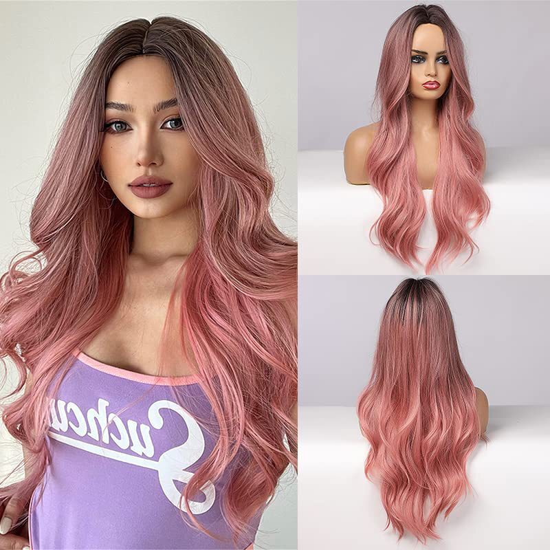 Long wave wig 28 inches (about 70cm) gradient pink women's wig, mechanism chemical fiber synthesis