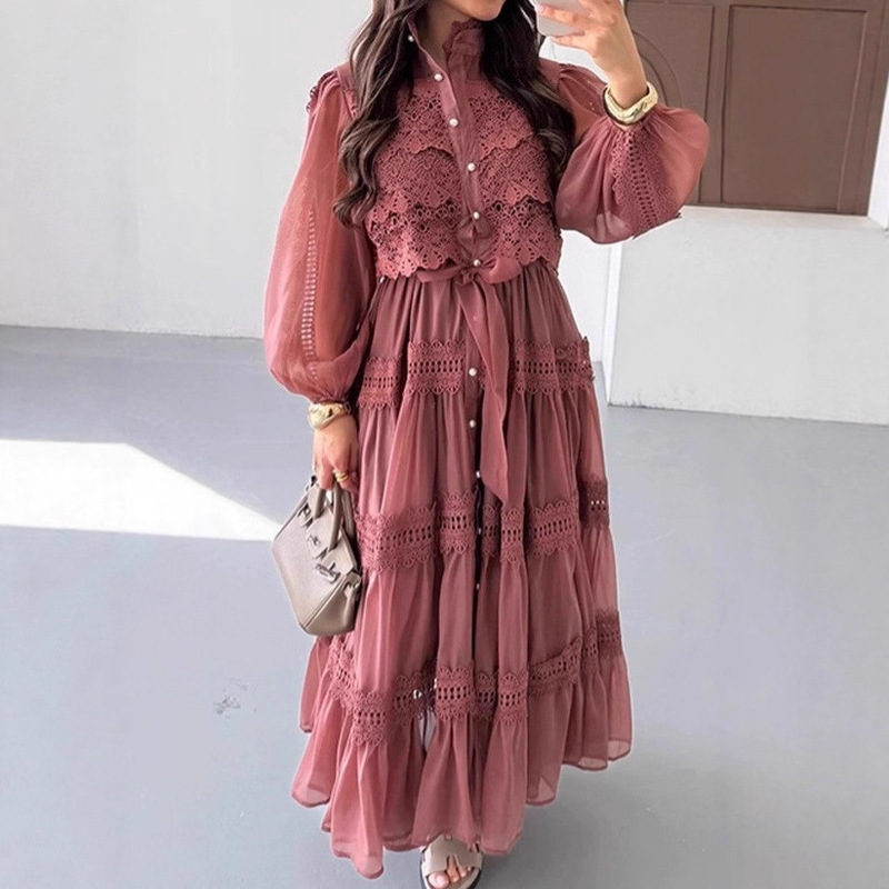 Autumn Women's Export New Casual Work Clothing Retro Long-Sleeved Cut Out Mesh Lace Splicing Lantern Sleeve Dress