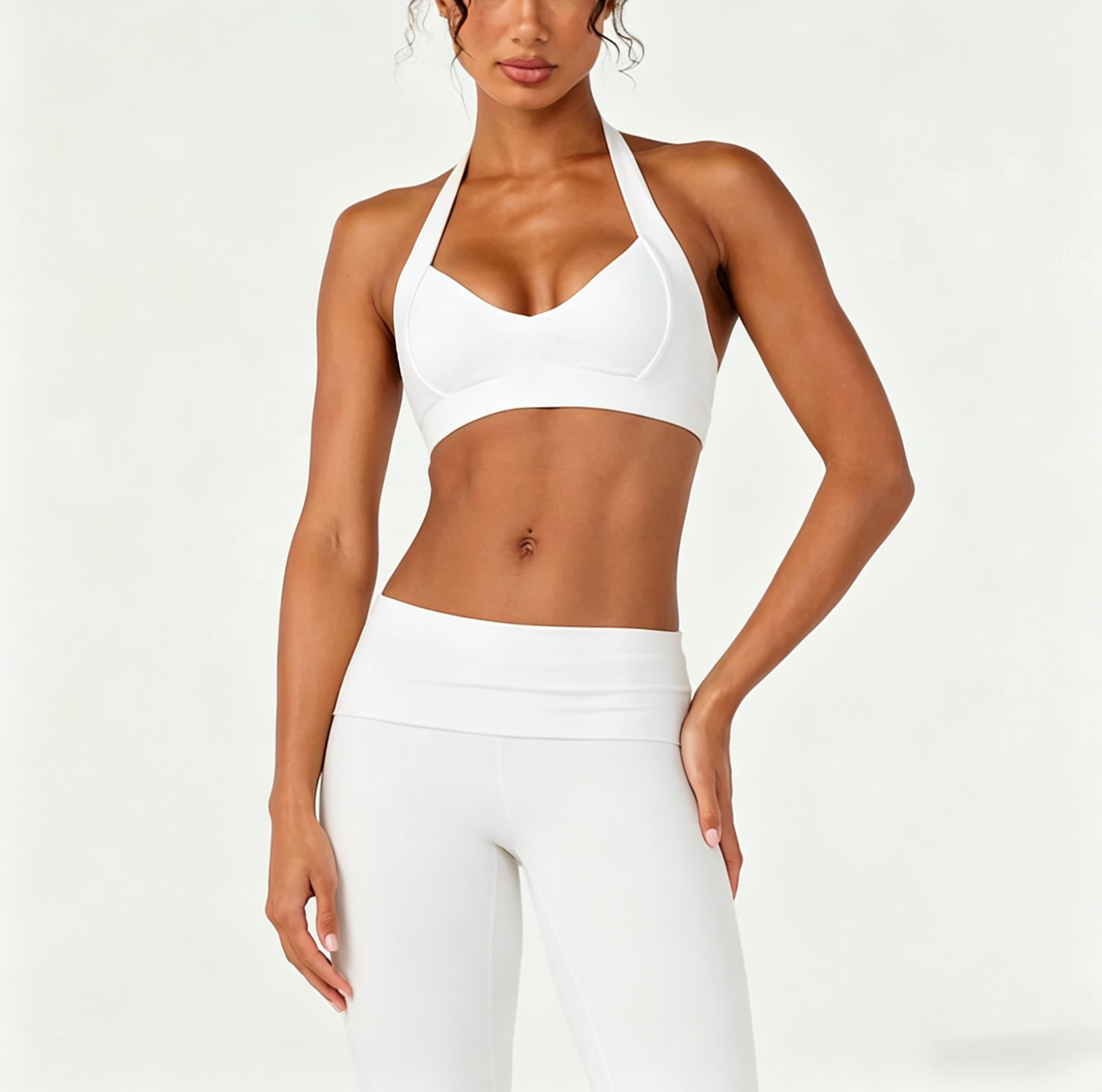 Transfronterizo desnudo cuello colgante yoga de tres piezas conjunto de forma correr fitness con cojín de pecho bra pantalonés bra