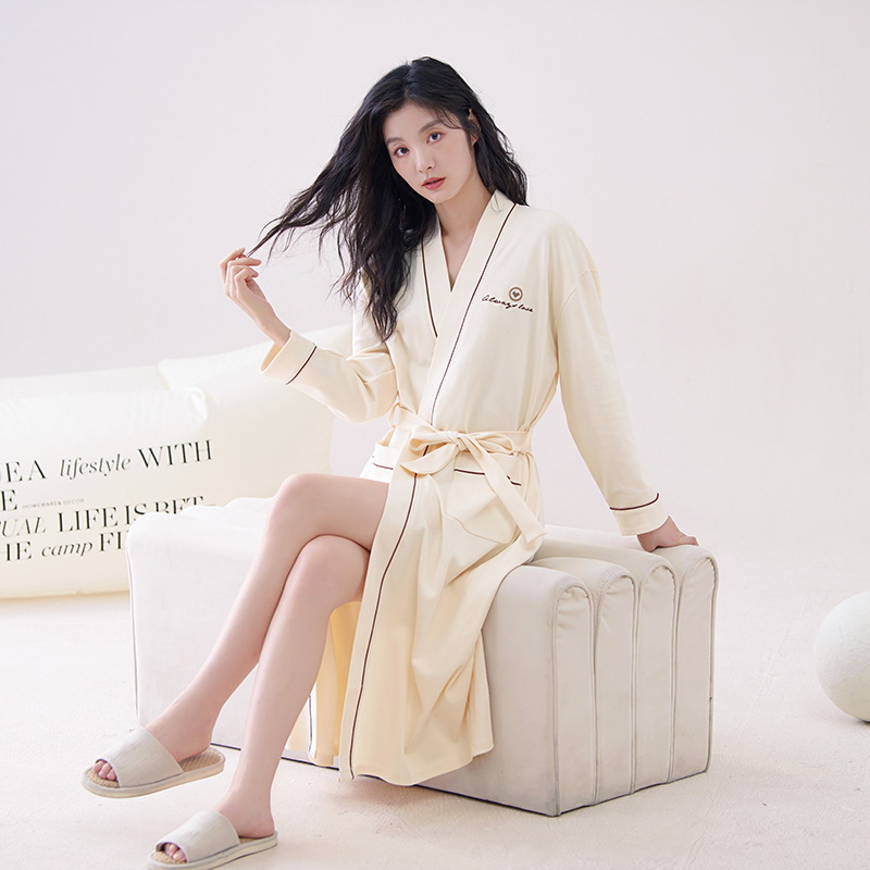 Class a Antibacterial 100% Cotton V Neck Nightgown for Women Korean Style Loose Pajamas High-End Hotel Bathrobe Spring and Autum Women
