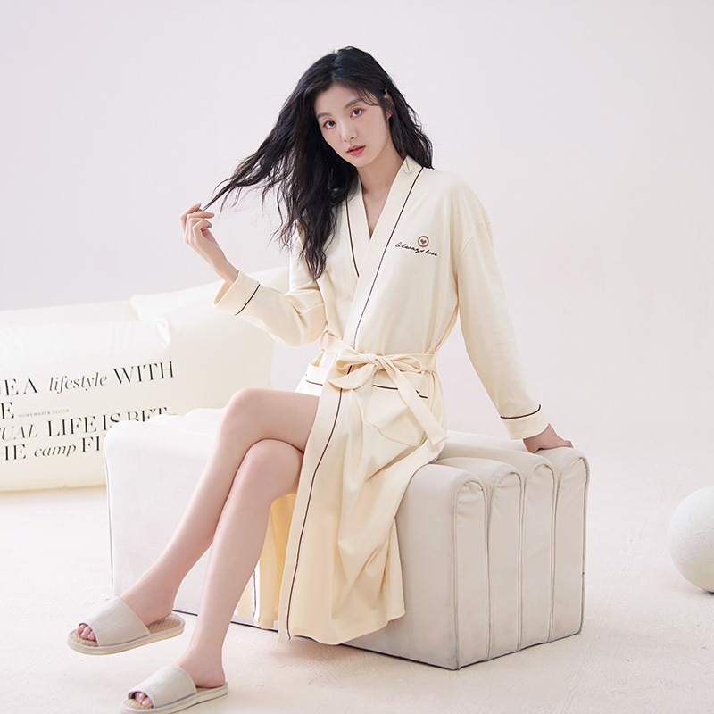 Class a Antibacterial 100% Cotton V Neck Nightgown for Women Korean Style Loose Pajamas High-End Hotel Bathrobe Spring and Autum Women