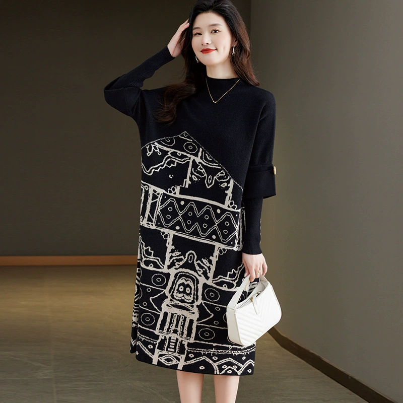 Высокое качество, снижающее возраст женщин среднего возраста, плюс размер, покрывающее мясо, осенне-зимнее трикотажное платье, Новое Элегантное облегающее платье-свитер А-силуэтом
