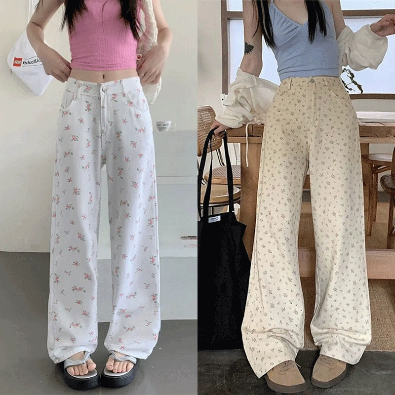 Фигура груши носят миниатюрные широкие джинсы с цветочным принтом для женщин, узкие прямые свободные повседневные брюки в стиле ретро.