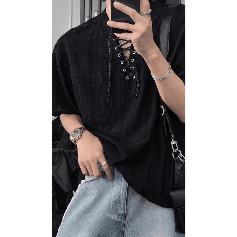 Designer Trendy Jacquard Tie Short-Sleeve Men's Summer Thin Hollow-Out T-Shirt Casual Loose Top