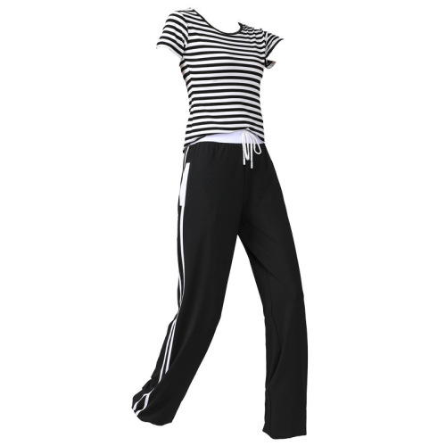 Square dance set striped short-sleeve sports high-elastic dance pants team cheerleading fitness routine performance outfit