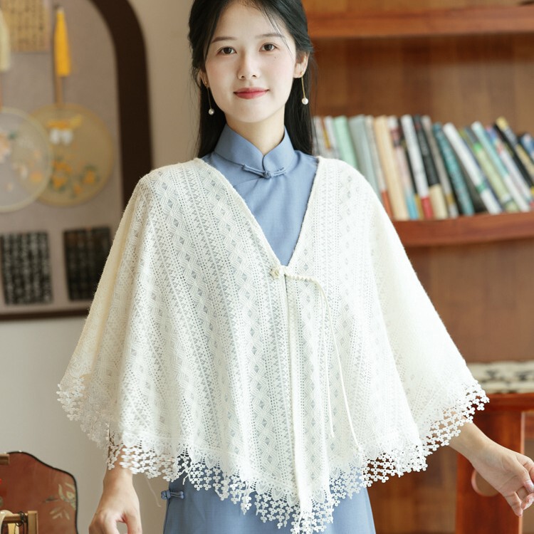 Feather Lace V Neck Cape Shawl, Lazy Style Cheongsam with Cape, Women's Short New Chinoiserie Cardigan with Buttons