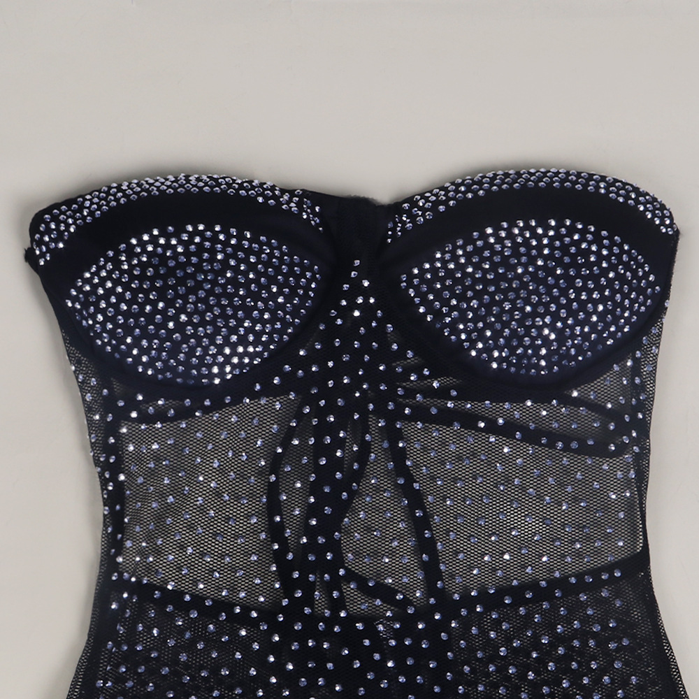 Rhinestone Pearl Perspective Strapless Dress With Pantie NSWNY97188