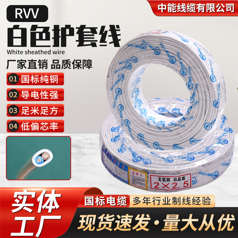 In-Stock National Standard Cable Power Cord Flexible Wire 2-Core 3-Core 4-Core 6-Core Pure Copper Rvv White Sheathed Wire