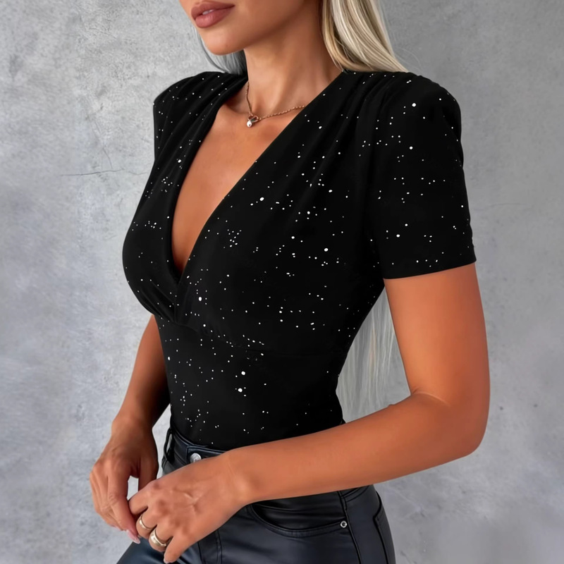 2026 Cross-Border European and American New Style Short-Sleeved Loose V-Neck Fashionable Casual Elegant T-Shirt Top