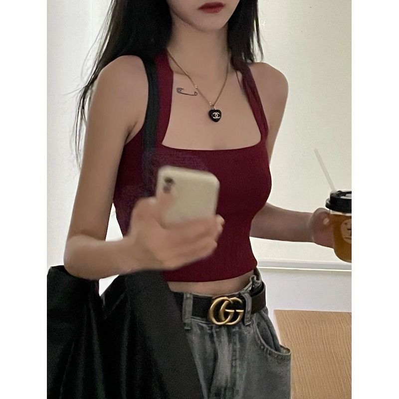 Hot Girl Strapless Short Top French-style Neck Red Small Camisole Vest Women's Summer Outer Wearing Design Niche Inner Wearing