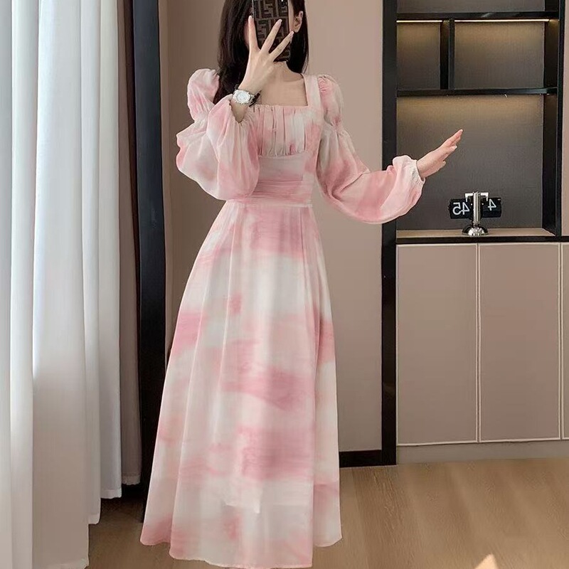 春秋新款温柔法式少女公主风粉色印花长裙度假氛围感雪纺连衣裙|undefined