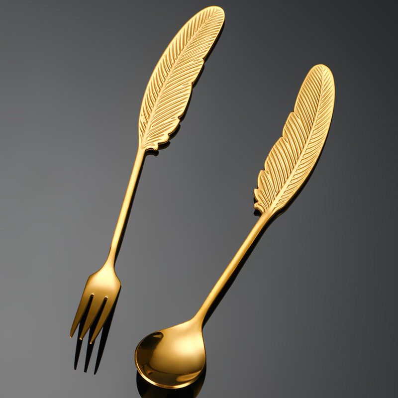 Cuchara de Acero Inoxidable 304 con Diseño de Pluma - Para Café y Postres, Vajilla de Lujo