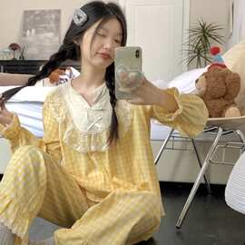 实拍夏季小清新甜美公主风拼接蕾丝格子长袖长裤家居服套装睡衣女