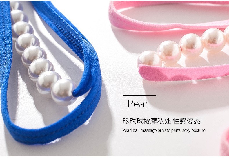 Women’s Hollow Embroidered Thong with Pearl Detail, Open Crotch, Blue, One Size — detail image 5