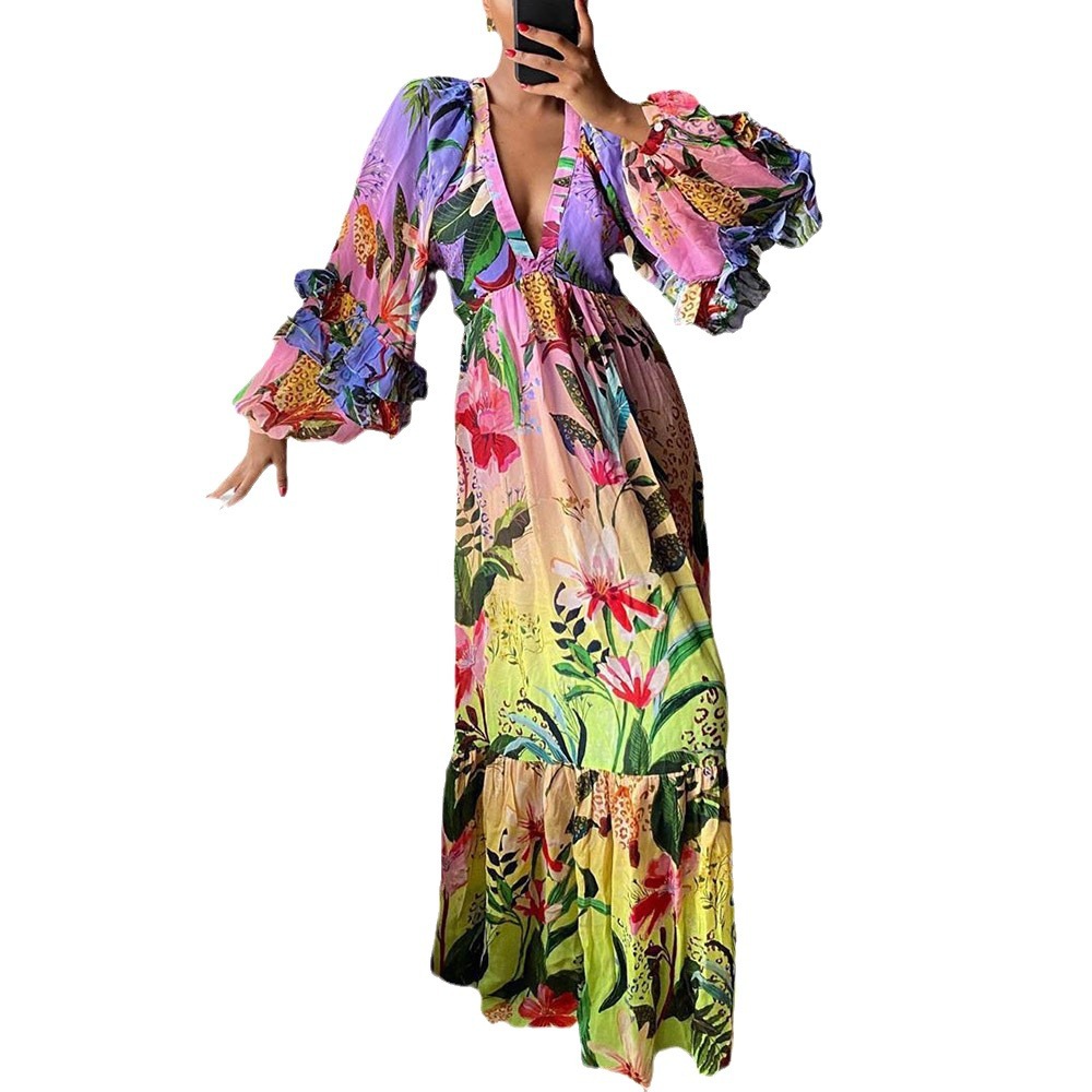 Vestido de verano 2025 transfronterizo, nuevo modelo europeo y americano para mujer, con estampado degradado, cuello en V con volantes, sexy y entallado. image 6