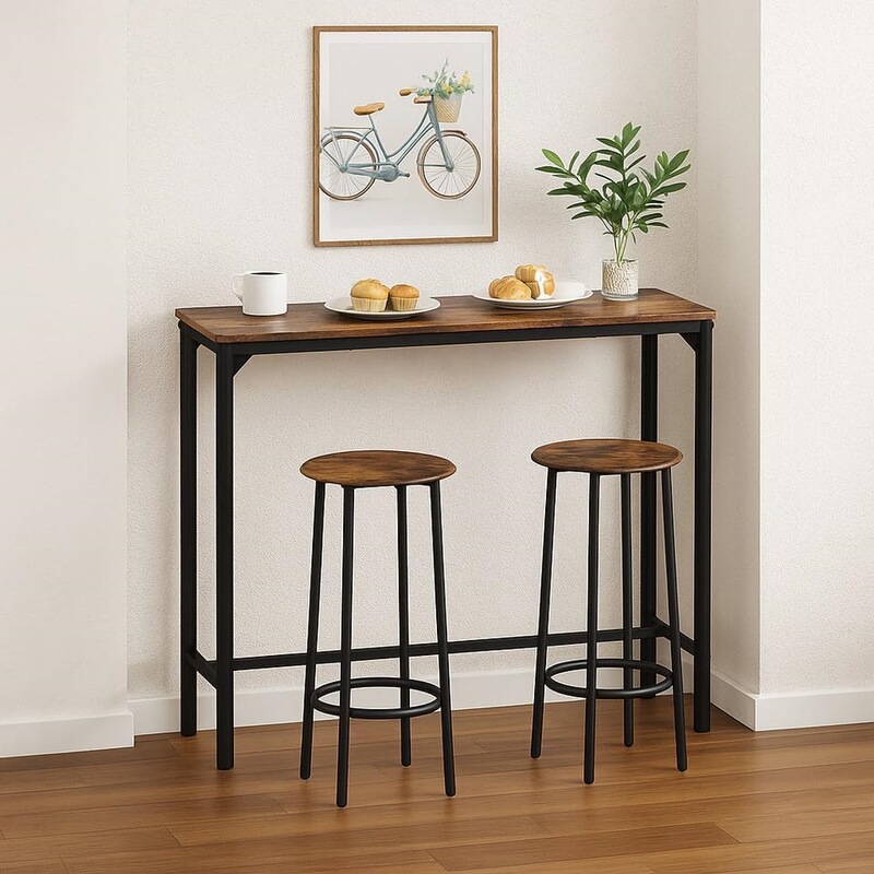 Industrial-style rustic brown high-bar table and chair three-piece set for small kitchens, home high-bar dining table combination Industrial-style rustic brown high-bar table and chair three-piece set for small kitchens, home high-bar dining table combination