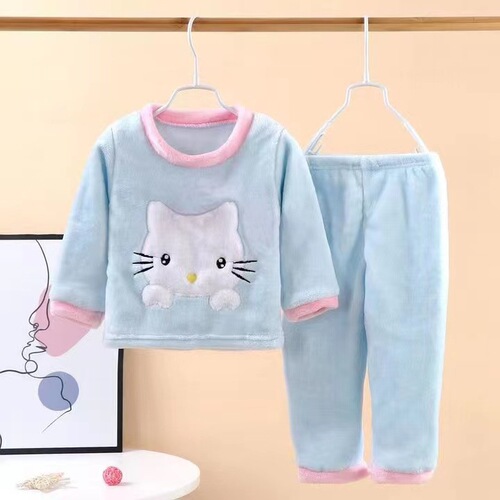 Children's Flannel Pajama Set Autumn/Winter Thicken Warm Men's and Women's Home Clothes Medium and Large Children Insulating Coral Fleece