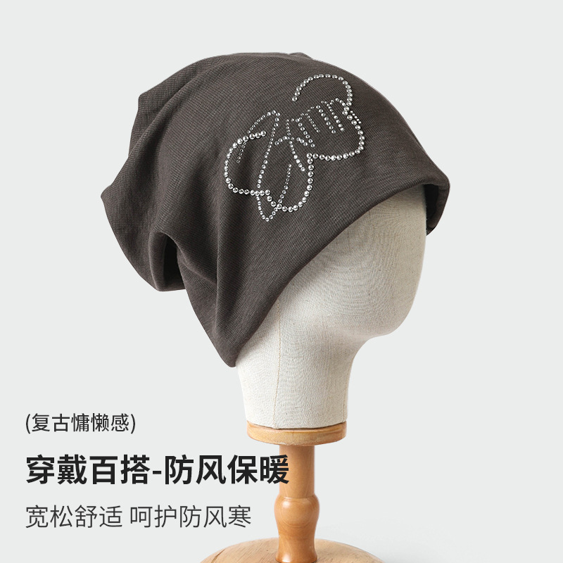 韩版春秋新款烫钻蝴蝶时尚百搭堆堆帽双层保暖护耳大头围套头冷帽|undefined