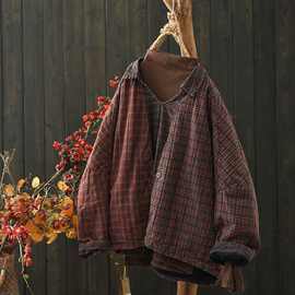 文艺复古怀旧格子棉麻夹棉蝙蝠袖棉衣2024冬新款POLO领长袖棉服女