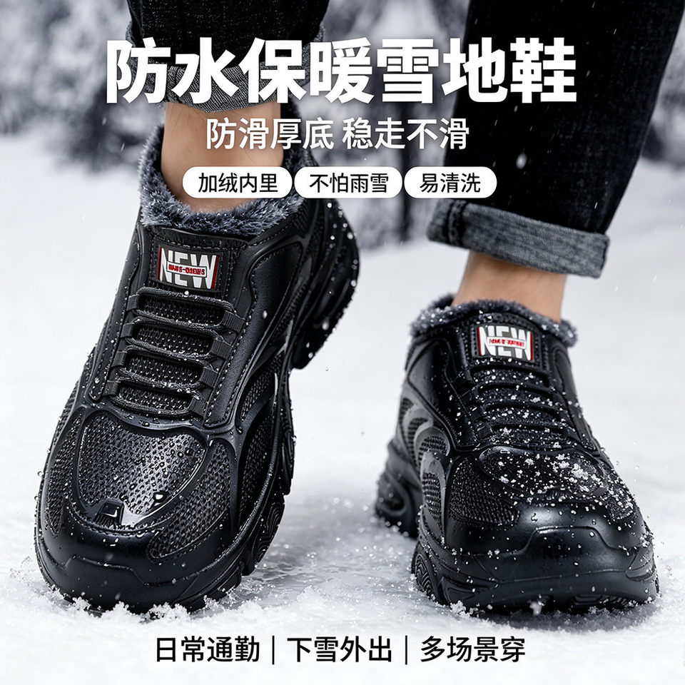 Giày bốt nam cổ thấp lót lông giữ ấm chống trượt chống thấm nước, gót 3-5 cm — 【2605EVA】Màu xám【Phiên bản lót lông】, 【2605EVA】Màu đen【Phiên bản lót lông】
