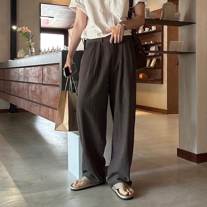 Brown Linen Straight Casual Pants for Men, Spring & Fall Korean Style Pleated Loose Wide-Leg Pants, Work Clothing Outdoor Sports Long Pants