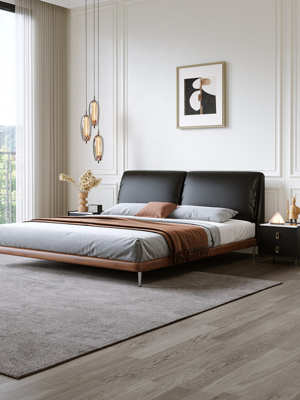 Black Elephant Ear Leather Bed Modern Simple Classy Accessible Luxury Master Bedroom Large Bed 1.8m Solid Wood Double Bed Black Elephant Ear Leather Bed Modern Simple Classy Accessible Luxury Master Bedroom Large Bed 1.8m Solid Wood Double Bed